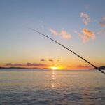 fishing rod near body of water during sunset